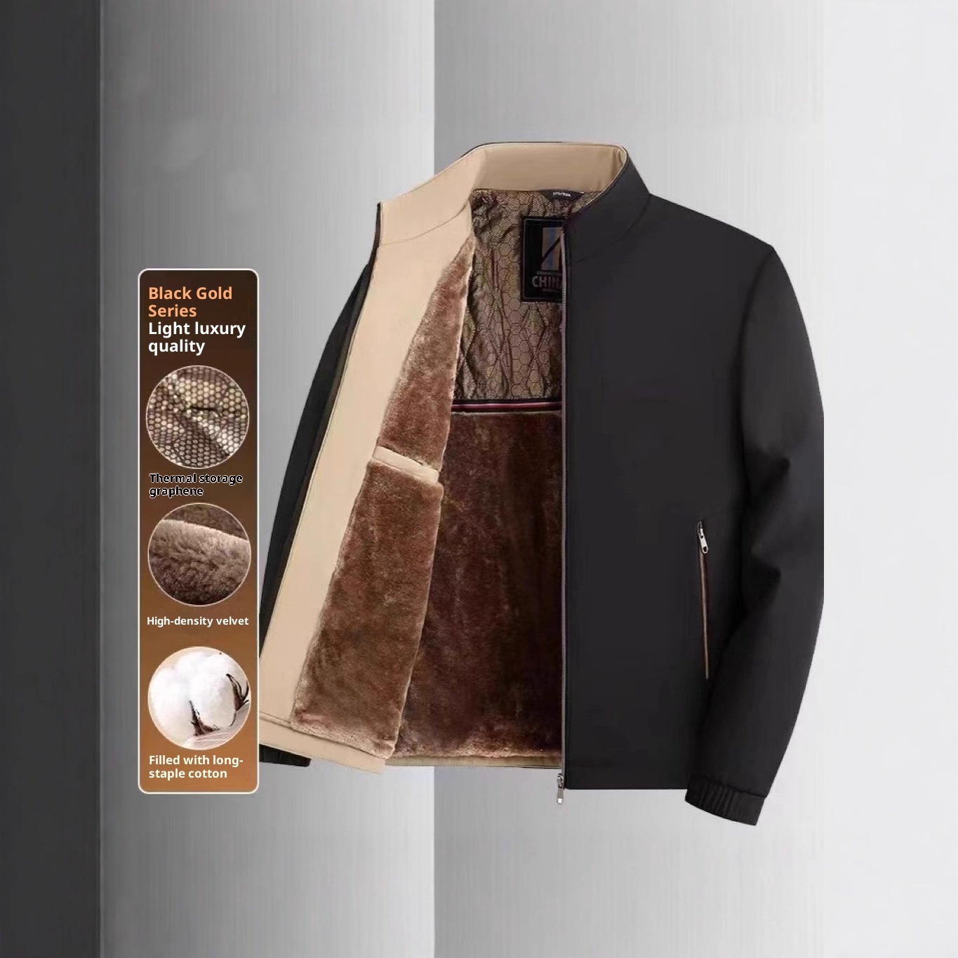 Middle-aged And Elderly Men's Fleece-lined Stand Collar Thickened Mid-aged Graphene Jacket Casual Warm High-end Coat - Image 6