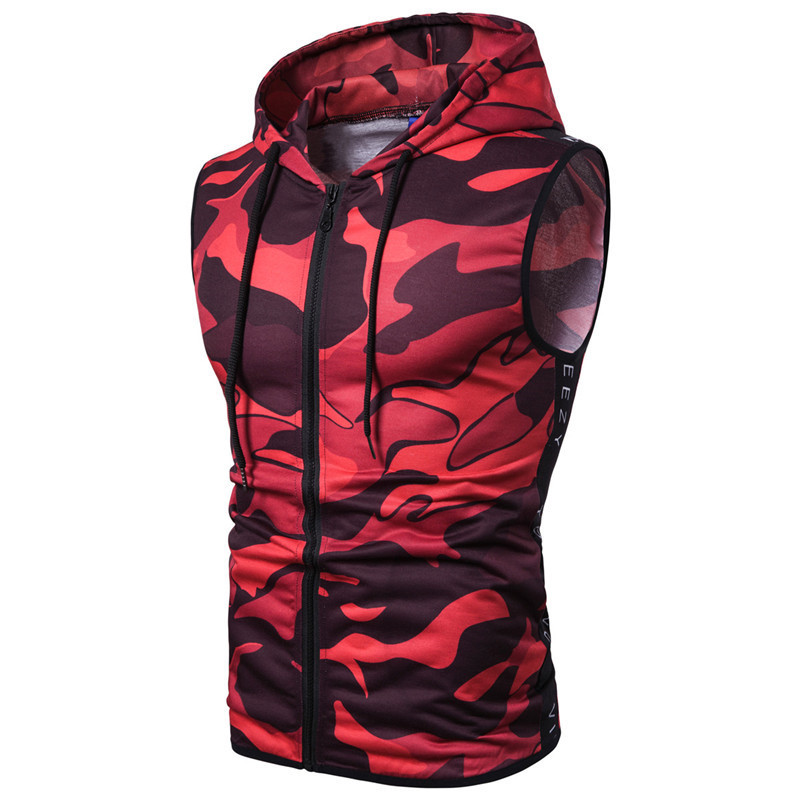 Zipper Hooded Sleeveless Camouflage Printed Fitness Sports Vest - Image 5