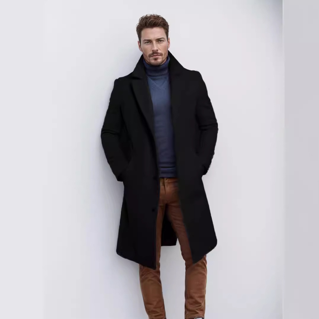 Men's Mid-length Solid Color Autumn And Winter Woolen Coat - Image 2