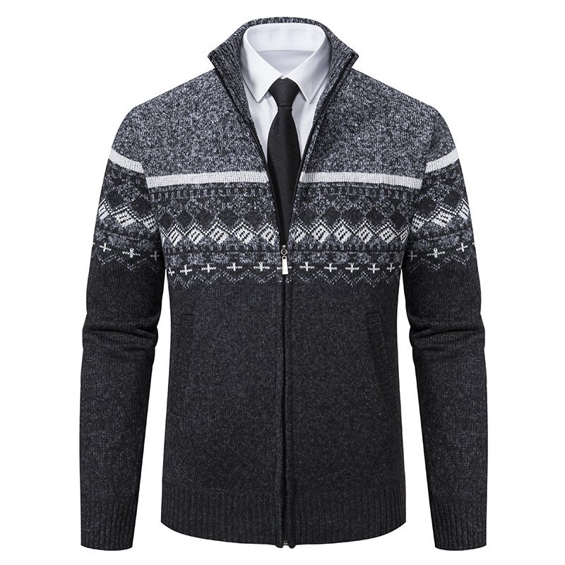 Men's Casual Stand-collar Sweater Coat With Fleece Lining And Color-blocking Design - Image 9
