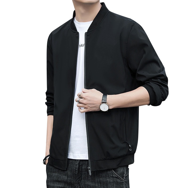 Men's Jacket Spring And Autumn Solid Color Stand Collar Coat - Image 2