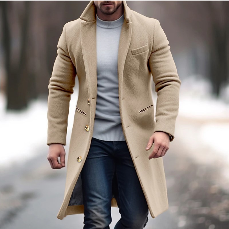 Winter Lapel Trench Coat Fashion Pocket Single Breasted Jacket Outerwear Casual Solid Color Men's Clothing - Image 2