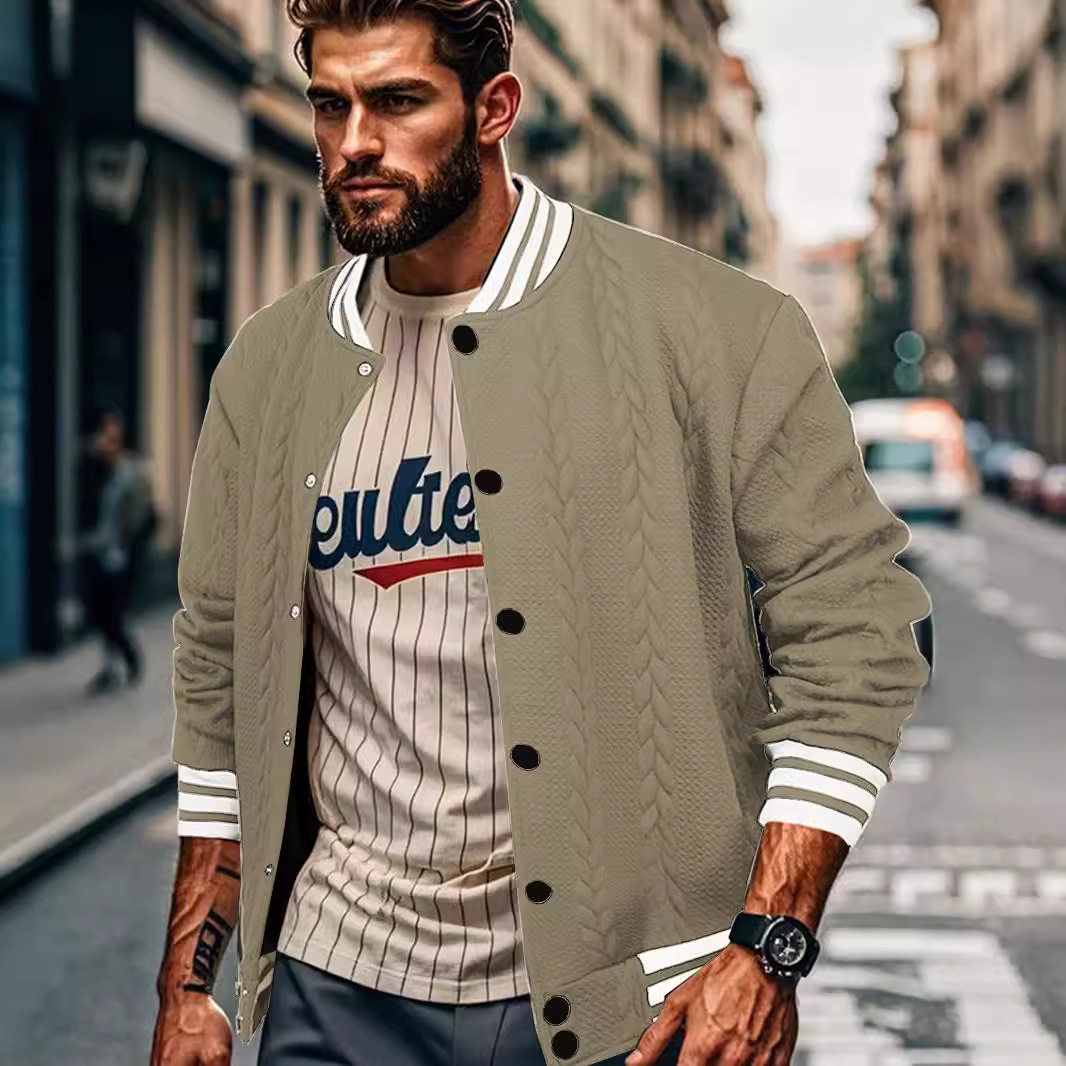 Jacquard Button Design Trendy Fashion Solid Color Men's Cardigan Baseball Jacket - Image 5