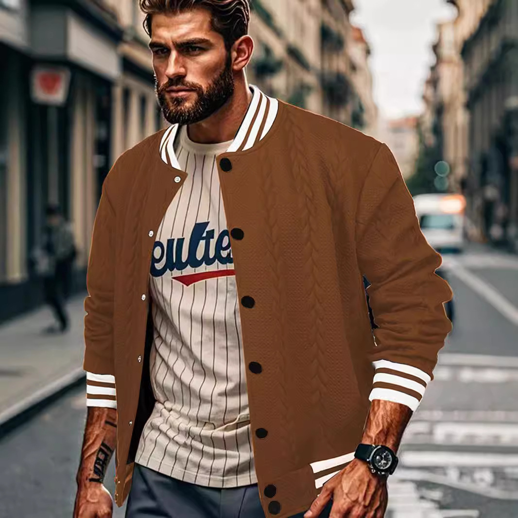 Jacquard Button Design Trendy Fashion Solid Color Men's Cardigan Baseball Jacket - Image 4